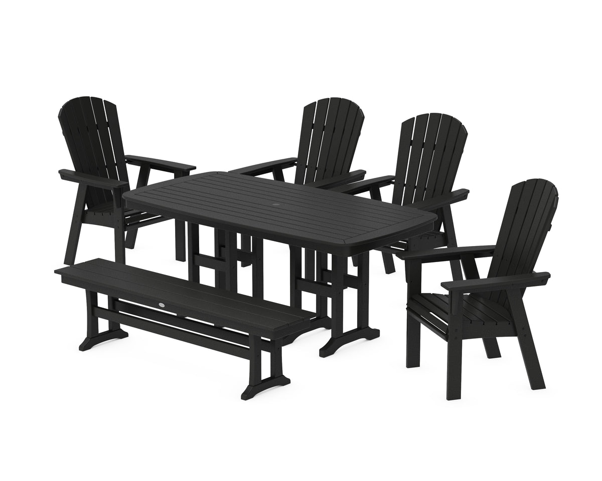 POLYWOOD Nautical Curveback Adirondack 6-Piece Dining Set with Bench in Black