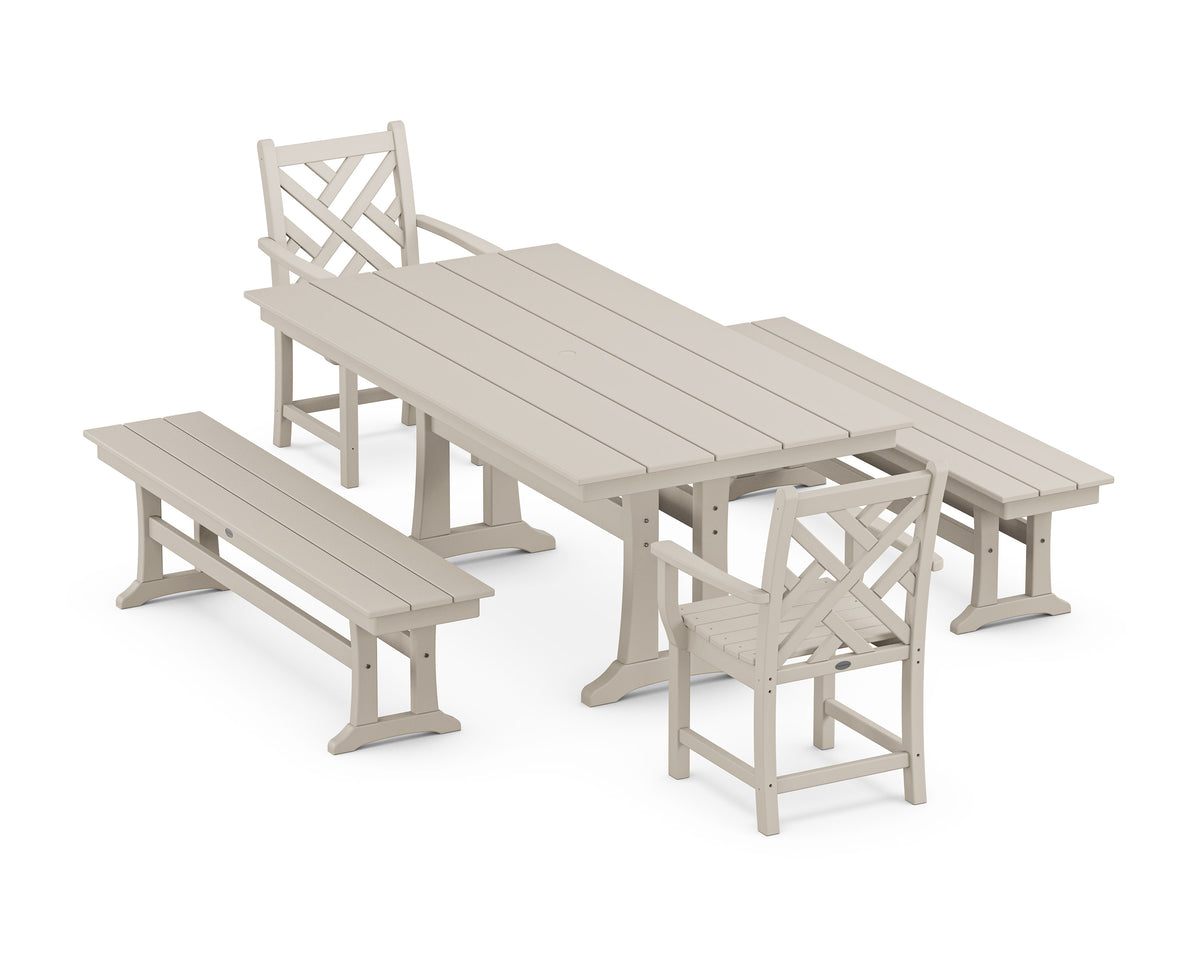 POLYWOOD Chippendale 5-Piece Farmhouse Dining Set with Trestle Legs in Sand