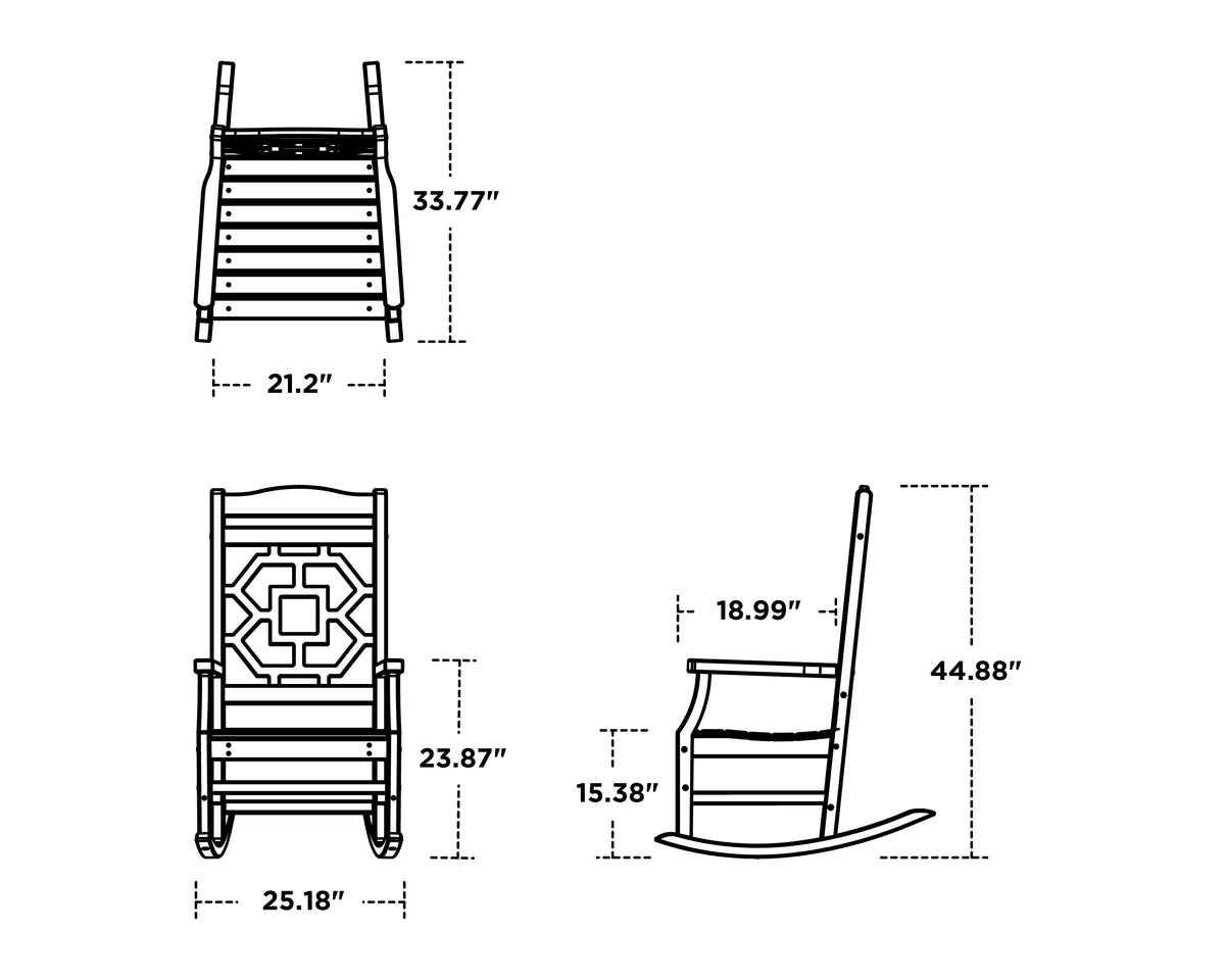 POLYWOOD Chinoiserie Rocking Chair dimension drawing with width, depth and height measurements