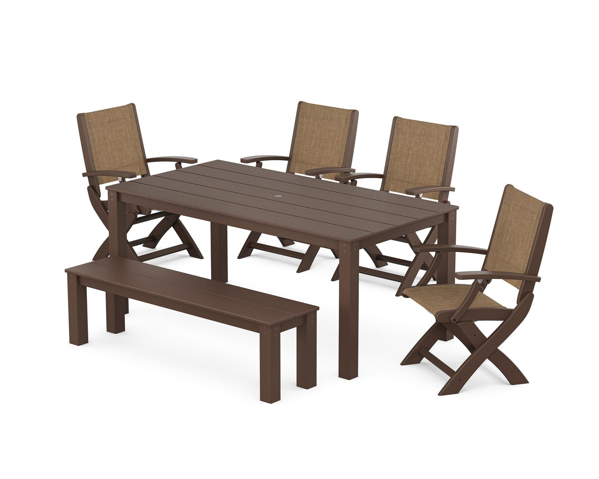 POLYWOOD Coastal Folding Chair 6-Piece Parsons Dining Set with Bench in Mahogany / Burlap