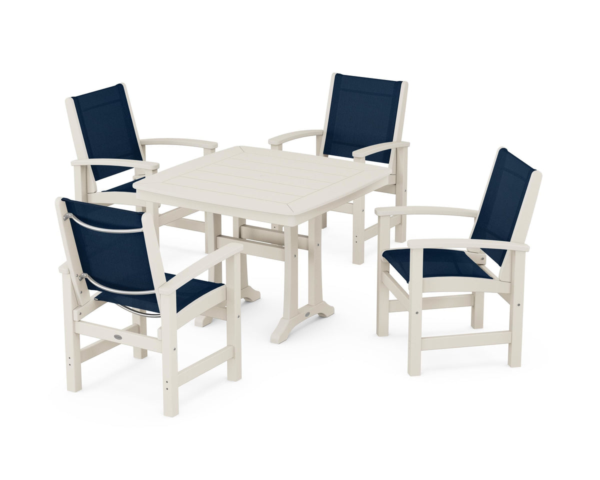 POLYWOOD Coastal 5-Piece Dining Set with Trestle Legs with Nautical Trestle 37" Dining Table in Sand / Navy Blue