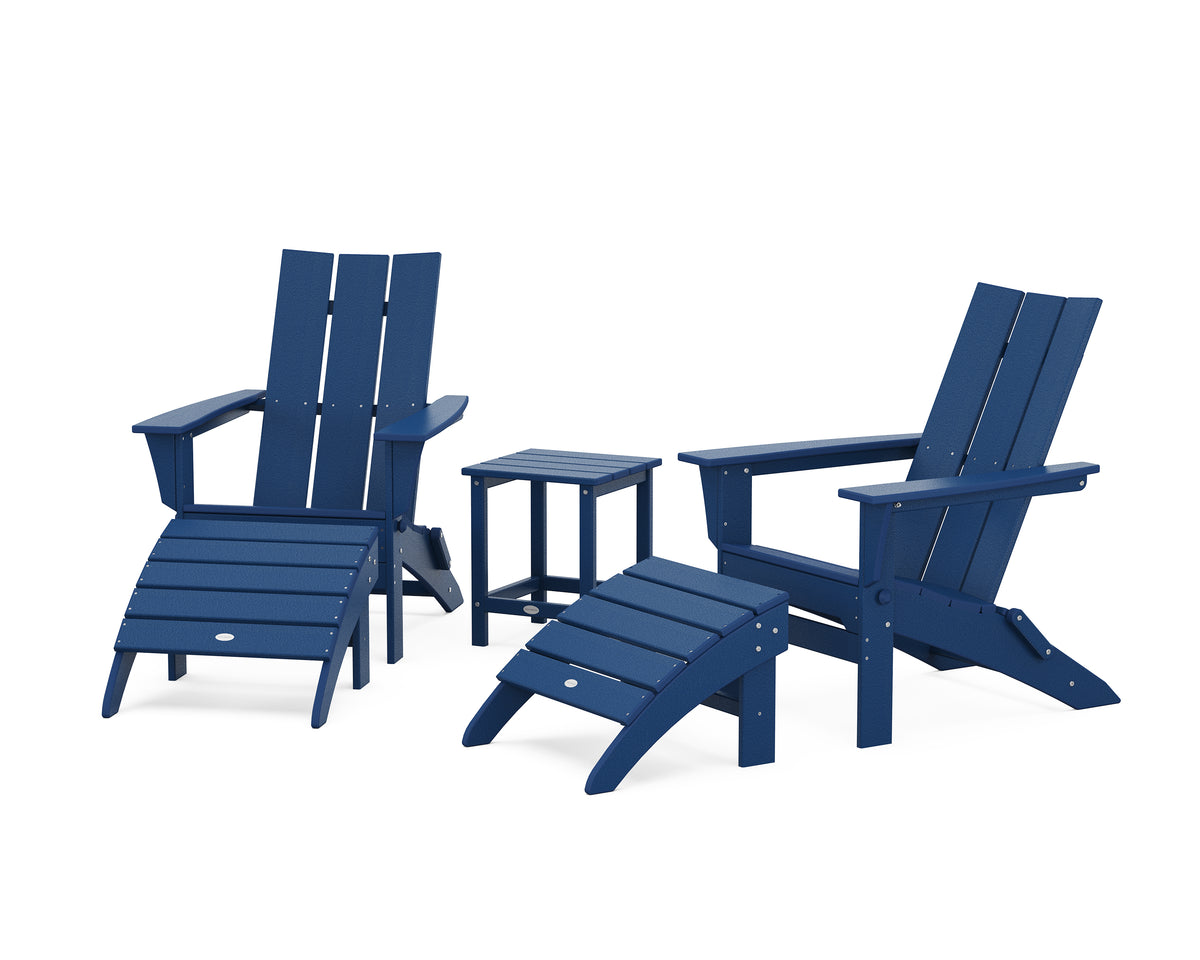 POLYWOOD Modern Folding Adirondack Chair 5-Piece Set with Ottomans and 18" Side Table in Navy