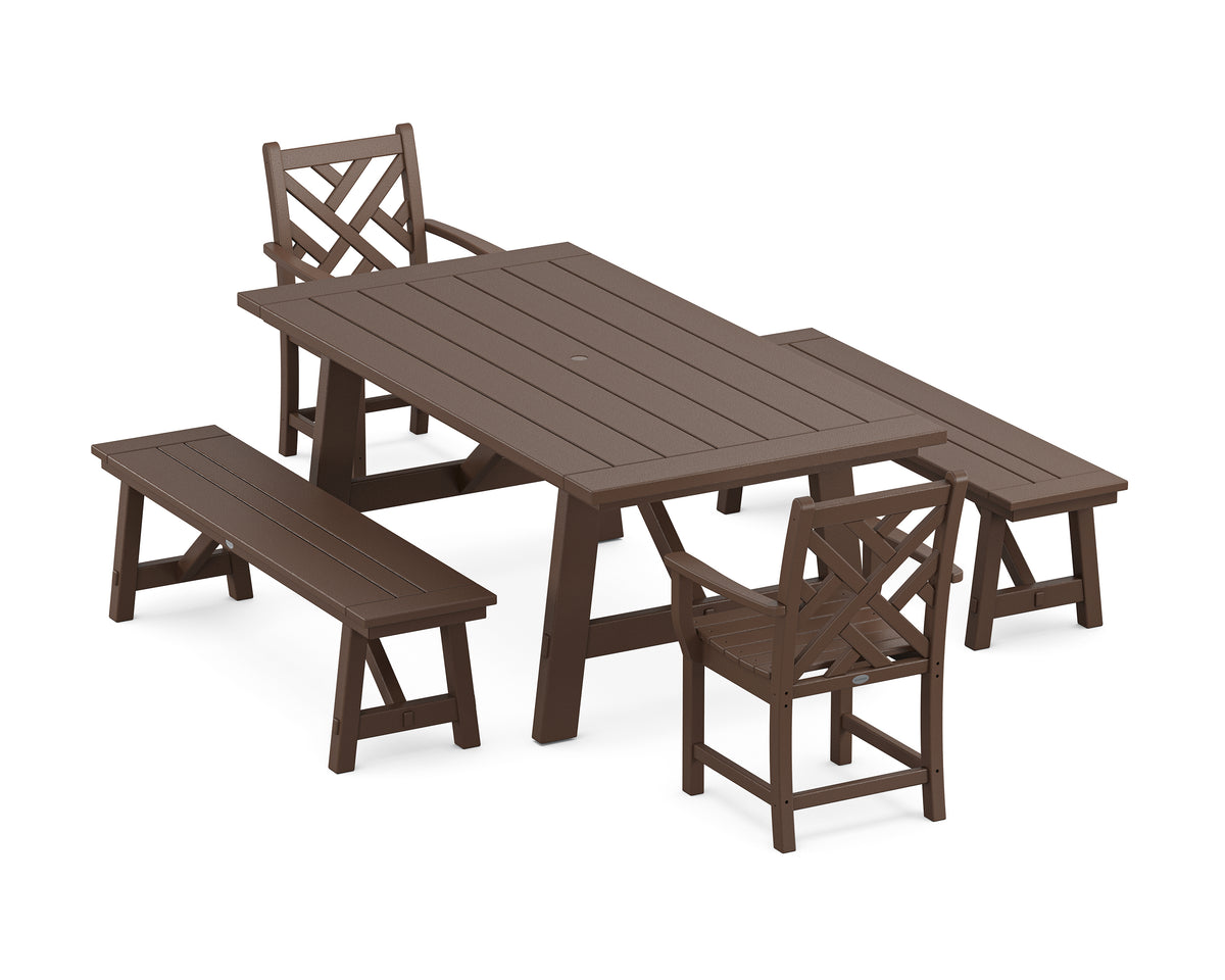 POLYWOOD Chippendale 5-Piece Rustic Farmhouse Dining Set with Benches in Mahogany