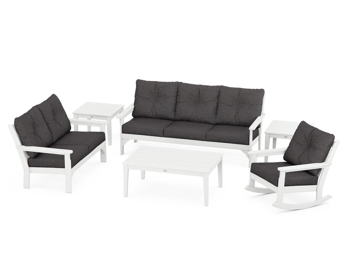 POLYWOOD Vineyard 6-Piece Deep Seating Set with Rocking Chair in White / Ash Charcoal