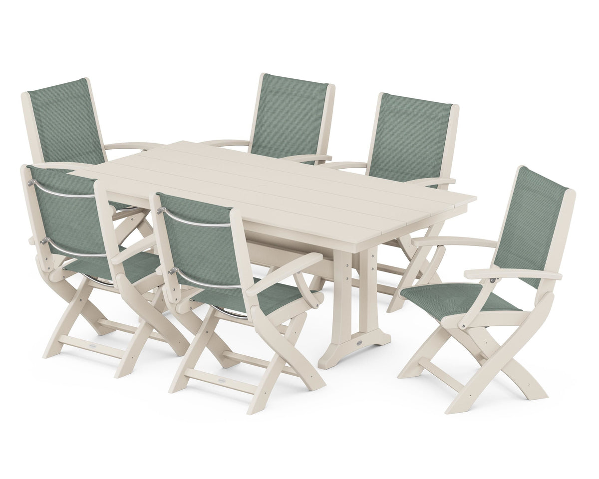 POLYWOOD Coastal Folding Arm Chair 7-Piece Farmhouse Dining Set with Trestle Legs in Sand / Dupioni Sea Mist