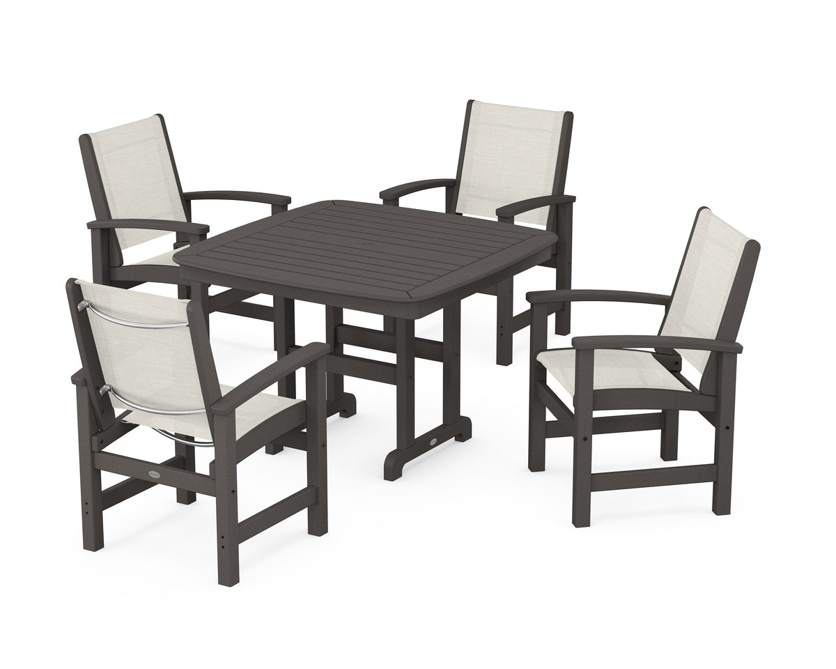 POLYWOOD Coastal 5-Piece Dining Set with Nautical 44" Dining Table in Vintage Coffee / Parchment