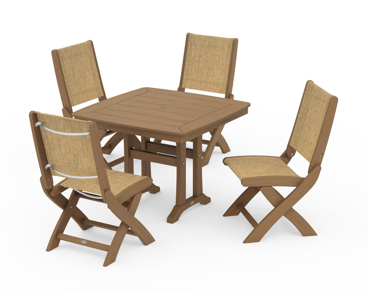 POLYWOOD Coastal Folding Side Chair 5-Piece Dining Set with Trestle Legs in Natural / Burlap