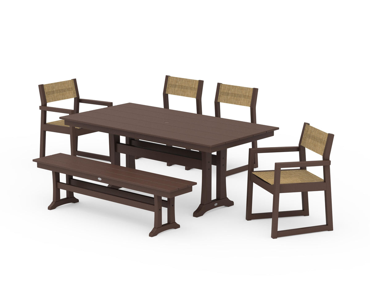 POLYWOOD EDGE Sling 6-Piece Farmhouse Dining Set With Trestle Legs in Mahogany / Burlap