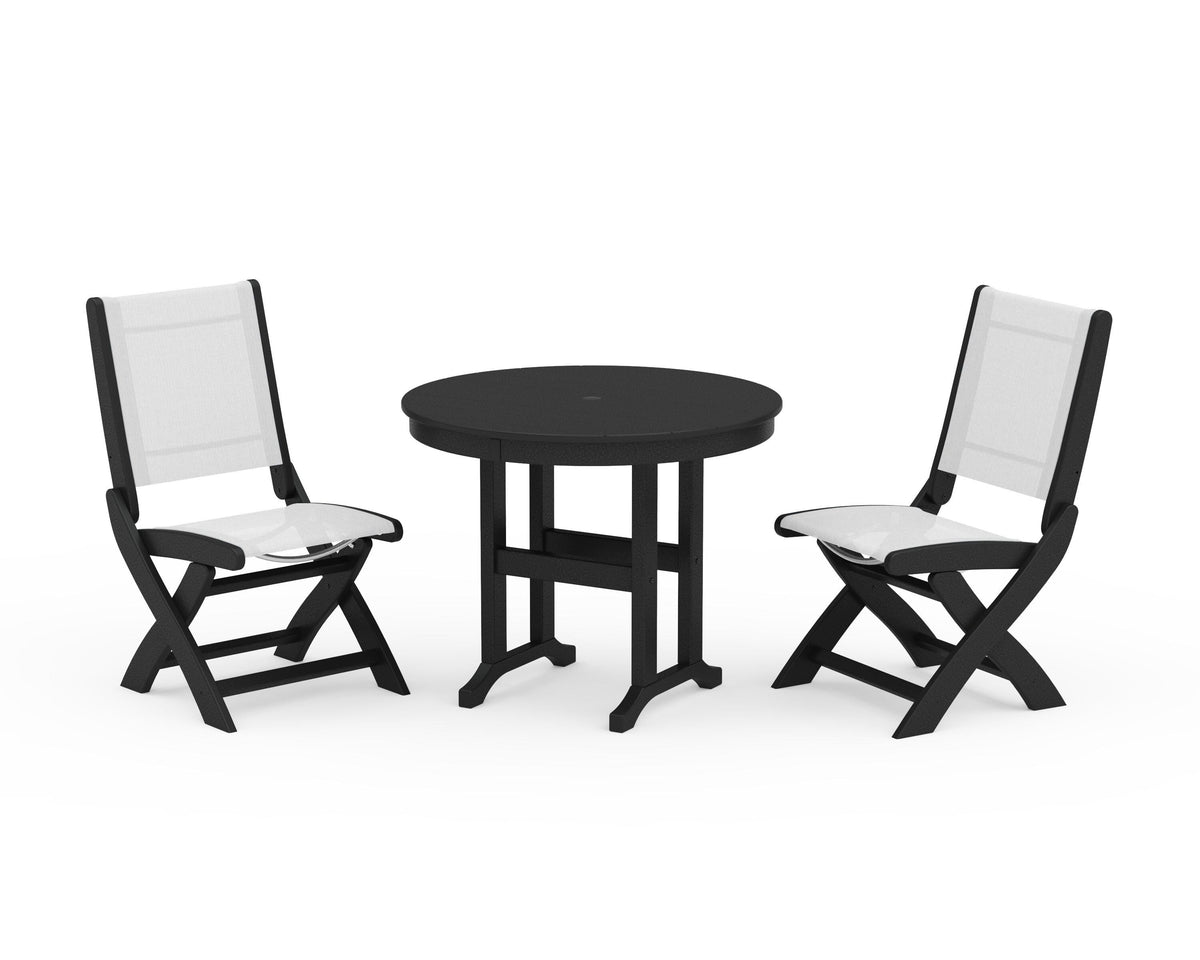 POLYWOOD Coastal Folding Side Chair 3-Piece Round Dining Set in Black / White