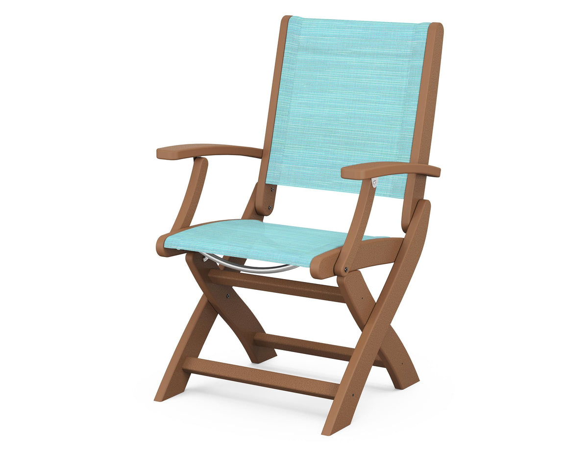 POLYWOOD Coastal Folding Chair in Teak with Teak arms and Dupioni Aquamarine sling