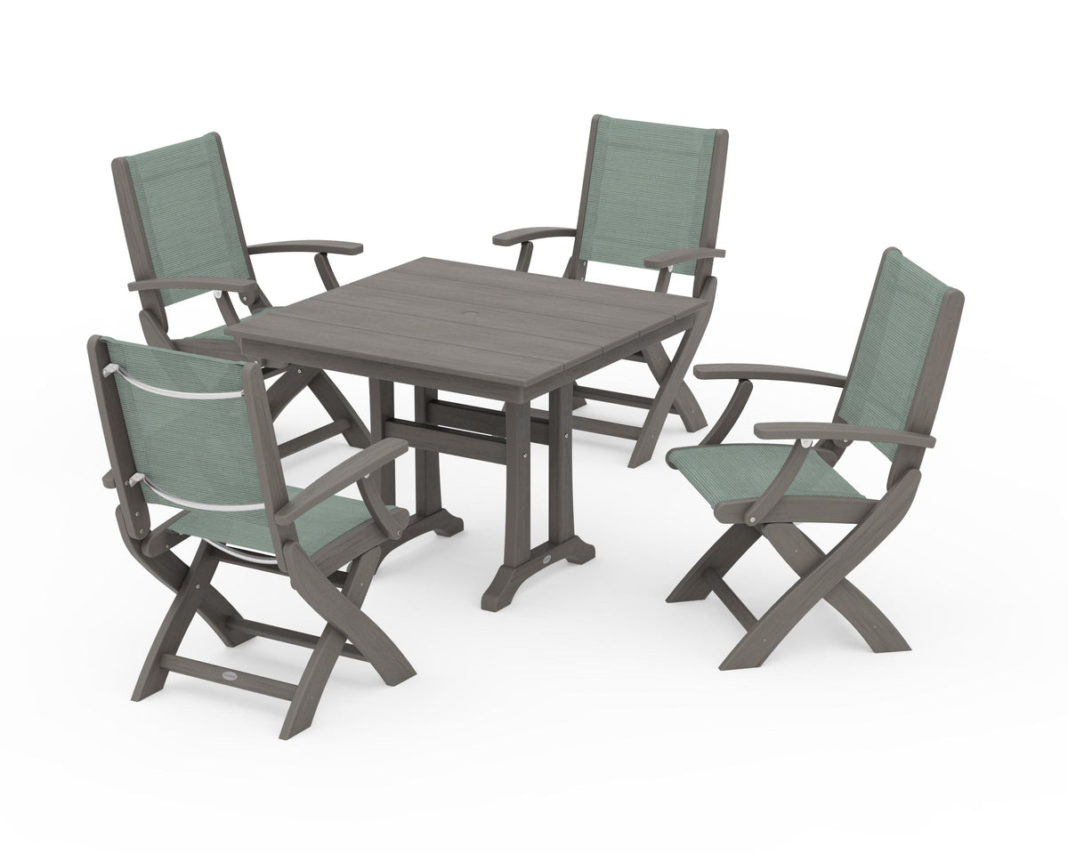 POLYWOOD Coastal Folding Chair 5-Piece Farmhouse Dining Set With Trestle Legs in Driftwood / Dupioni Sea Mist