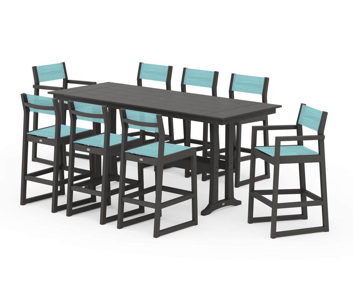 POLYWOOD EDGE Sling 9-Piece Farmhouse Bar Set with Trestle Legs in Vintage Coffee / Dupioni Aquamarine