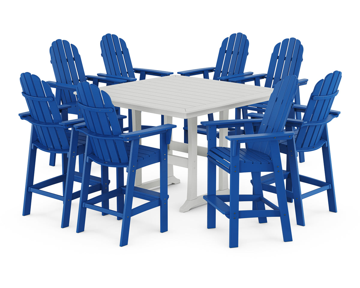 POLYWOOD Vineyard Curveback Adirondack 9-Piece Trestle Bar Set in Pacific Blue / White