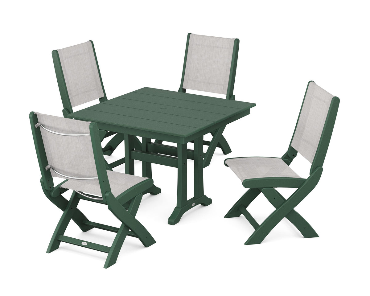 POLYWOOD Coastal Folding Side Chair 5-Piece Farmhouse Dining Set With Trestle Legs in Green / Parchment