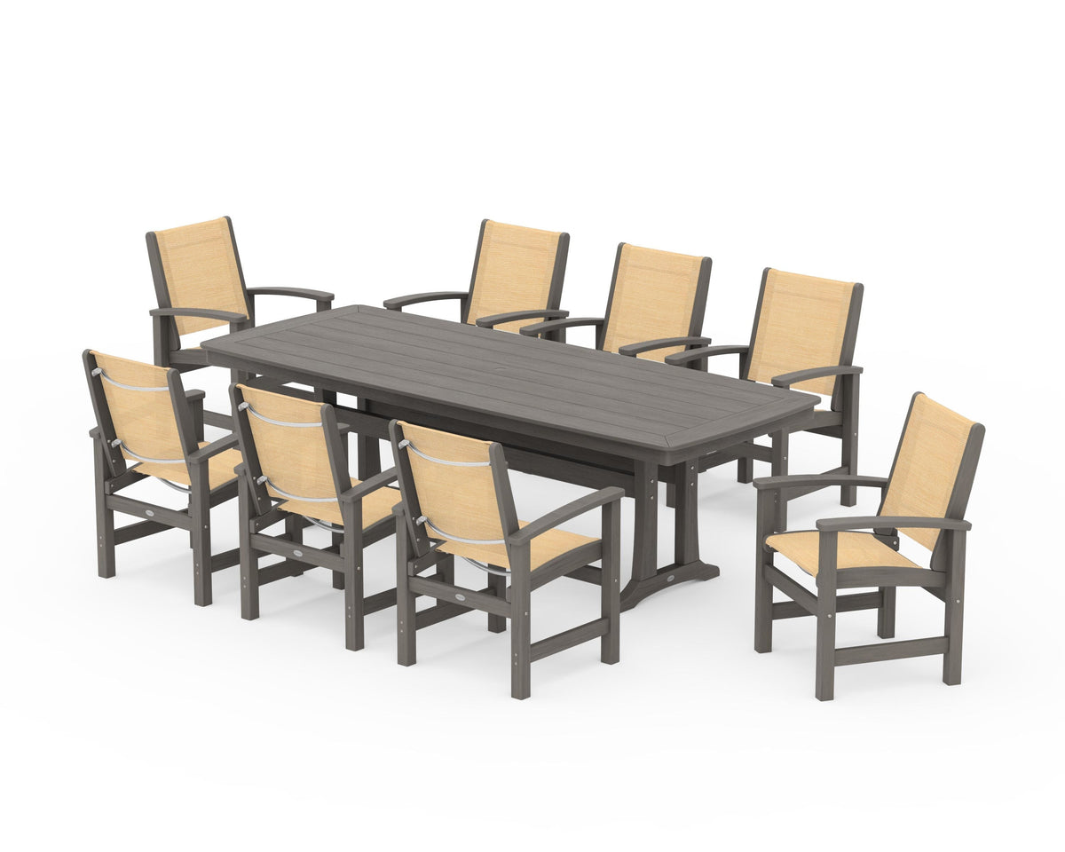 POLYWOOD Coastal 9-Piece Dining Set with Trestle Legs in Driftwood / Dupioni Apricot