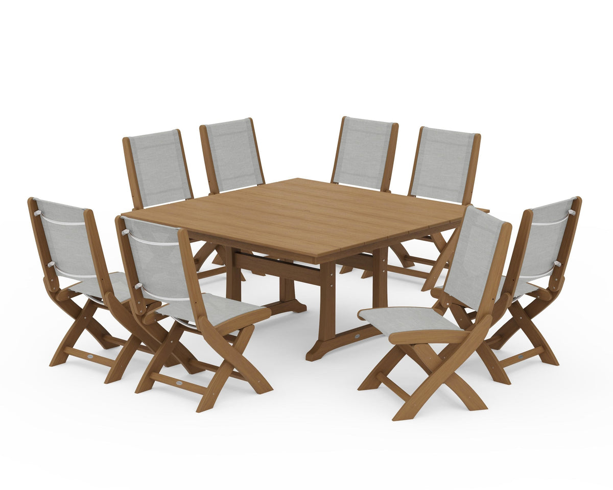 POLYWOOD Coastal Folding Side Chair 9-Piece Farmhouse Dining Set in Natural / Metallic
