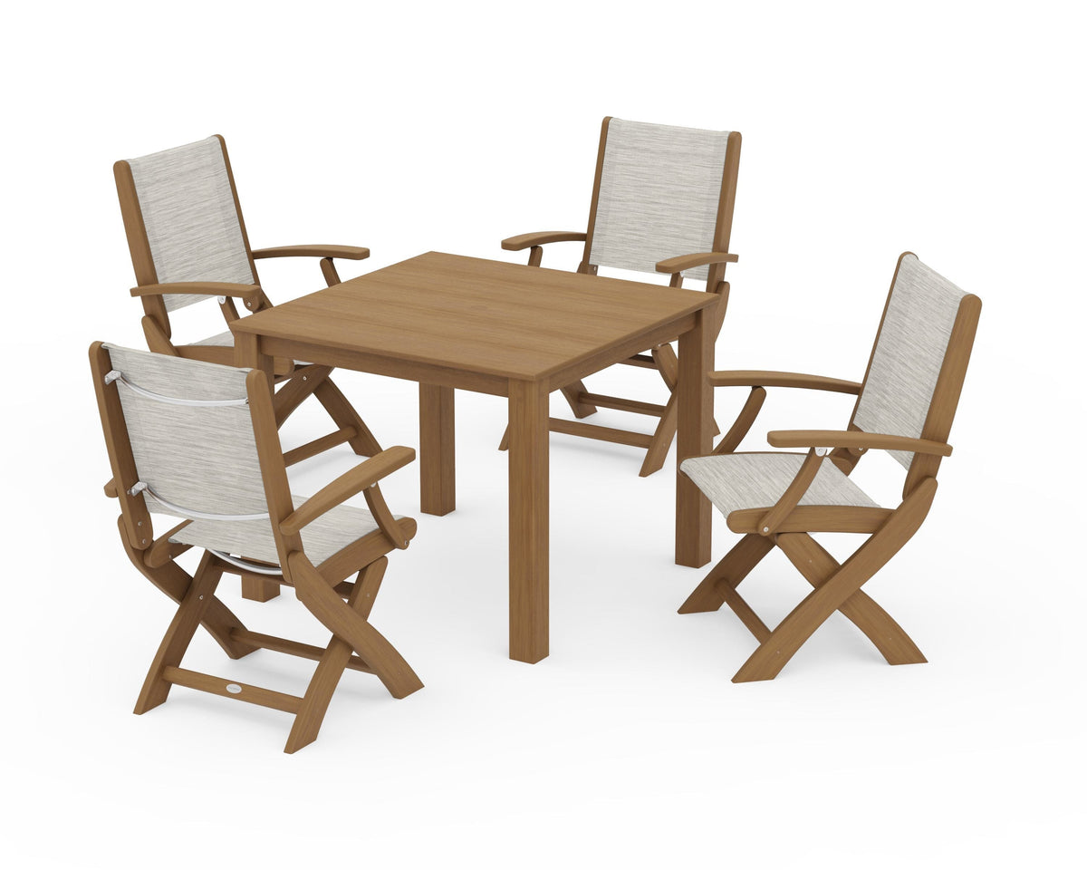 POLYWOOD Coastal Folding Chair 5-Piece Parsons Dining Set in Natural / Birch