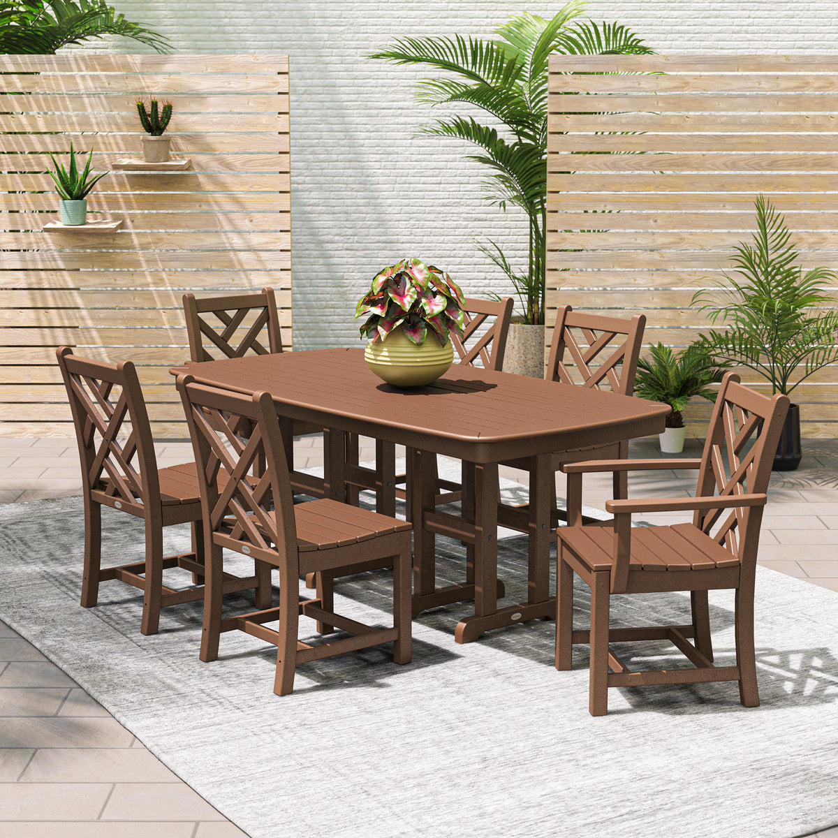 POLYWOOD Chippendale 7-Piece Dining Set in Mahogany in an outdoor setting