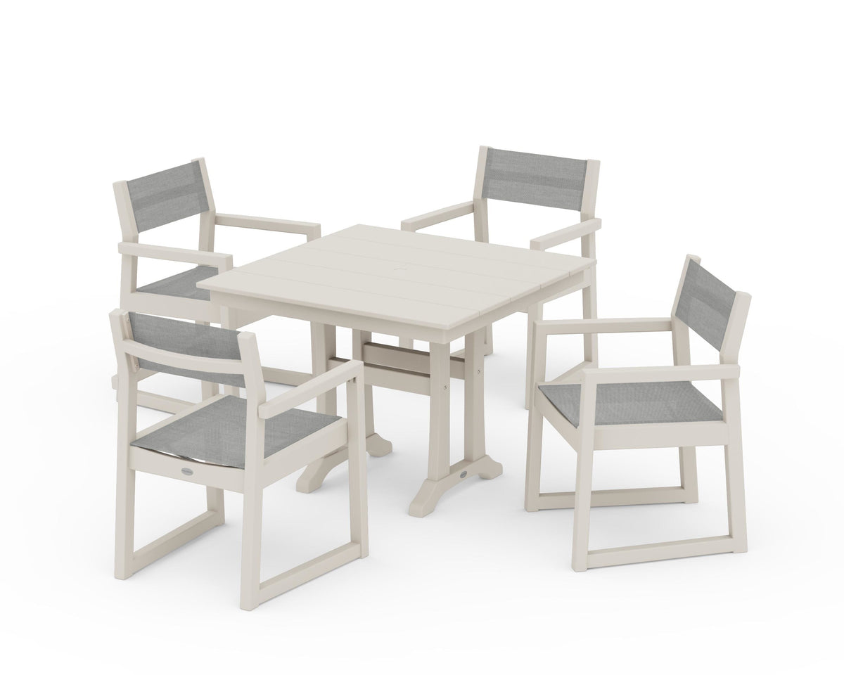 POLYWOOD EDGE Sling 5-Piece Farmhouse Dining Set with Trestle Legs in Sand / Metallic