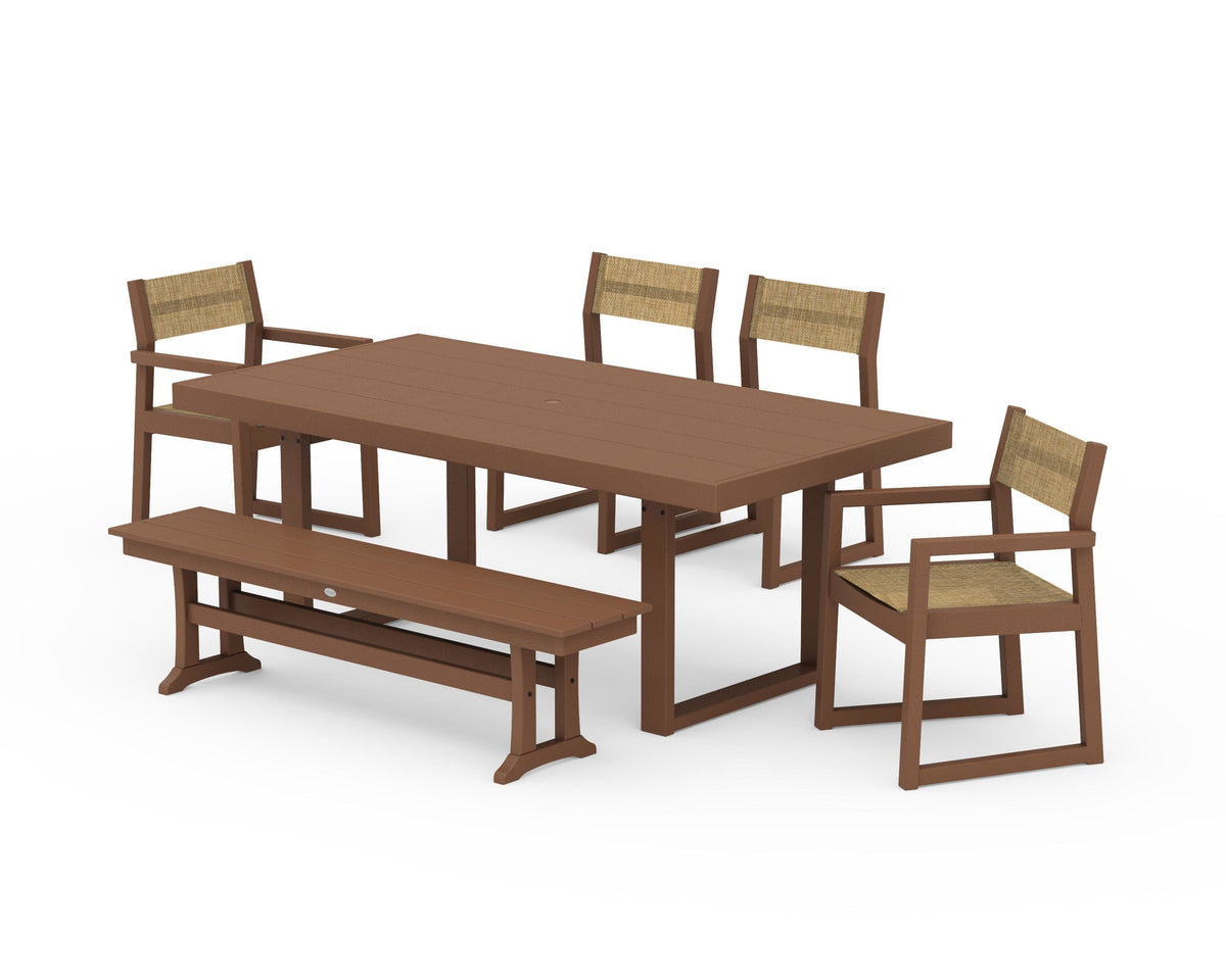 POLYWOOD EDGE Sling 6-Piece Dining Set with Bench in Teak / Burlap
