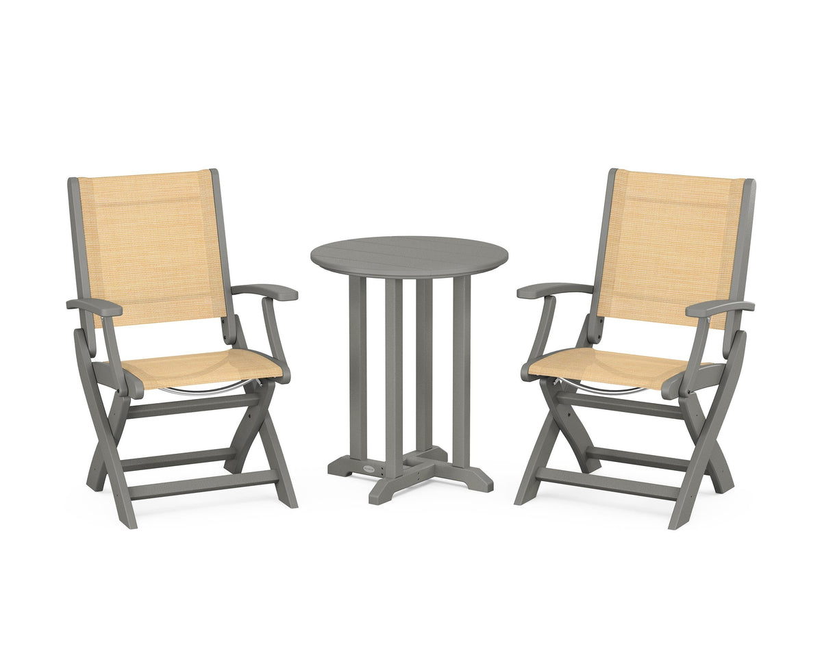 POLYWOOD Coastal Folding 3-Piece Round Bistro Dining Set in Slate Grey / Dupioni Apricot