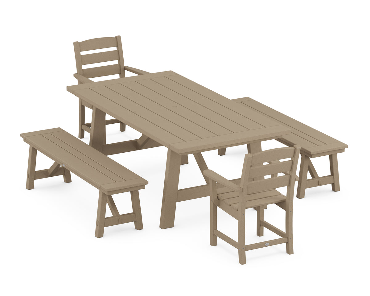 POLYWOOD Lakeside 5-Piece Rustic Farmhouse Dining Set with Benches in Vintage Sahara