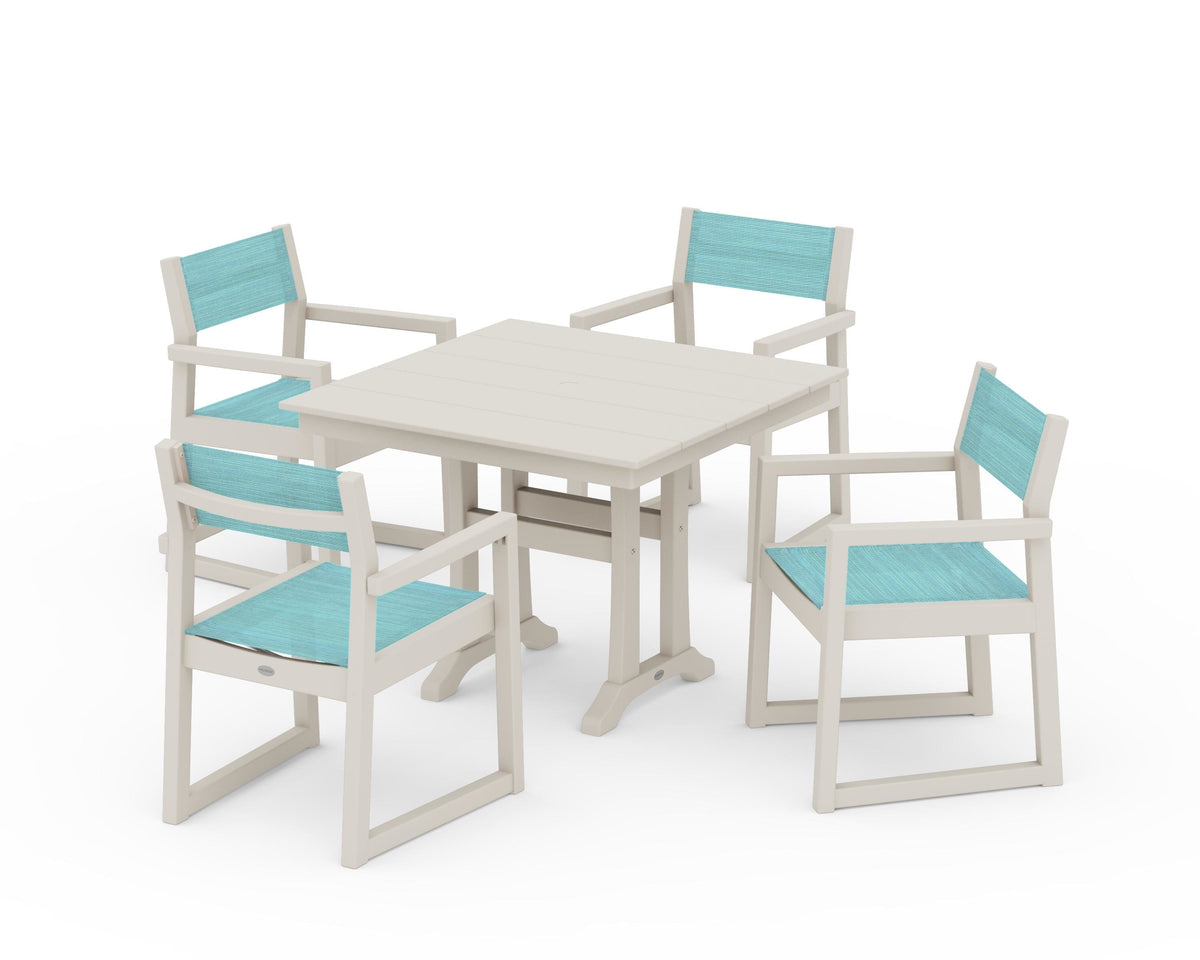 POLYWOOD EDGE Sling 5-Piece Farmhouse Dining Set with Trestle Legs in Sand / Dupioni Aquamarine