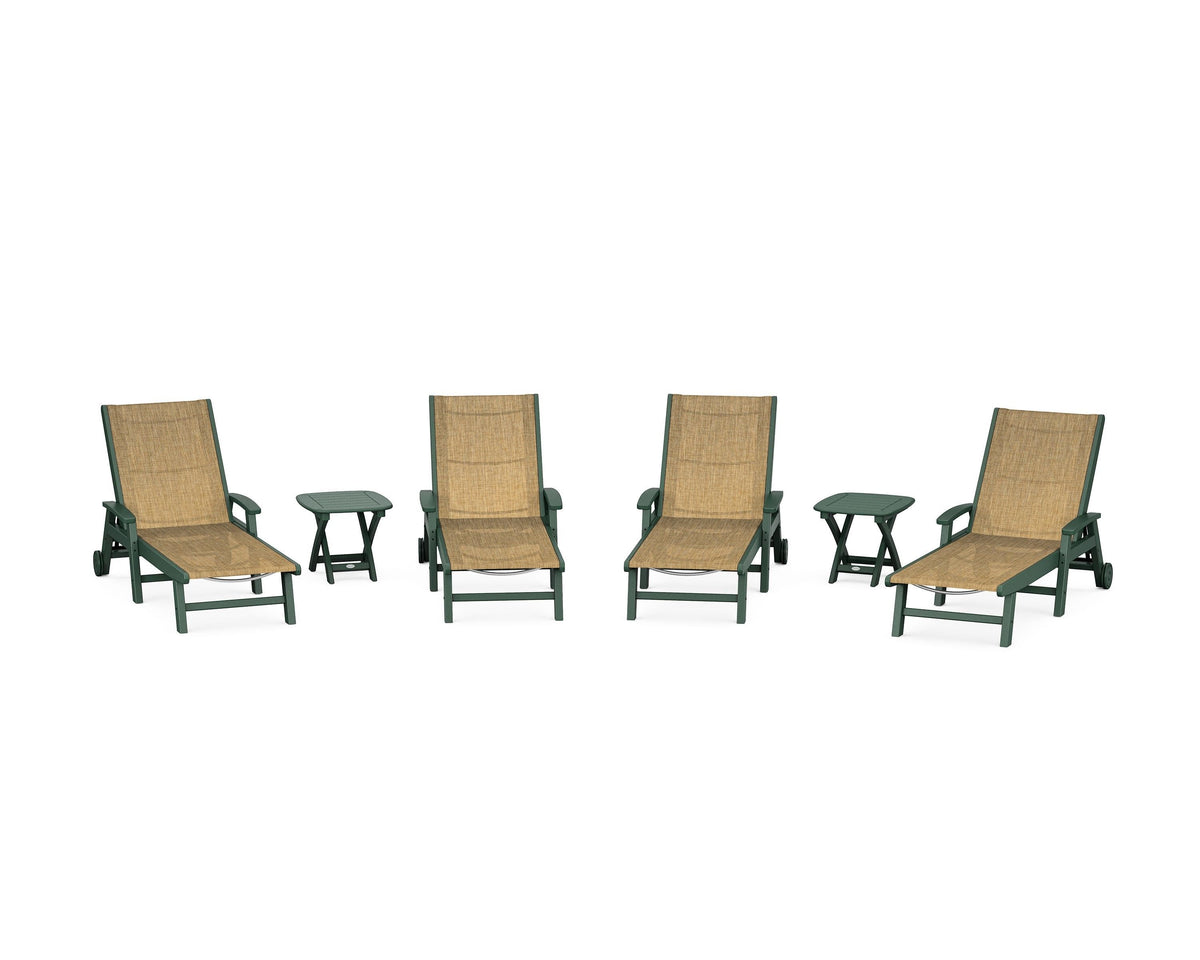 POLYWOOD Coastal Chaise 6-Piece Set with Wheels in Green / Burlap