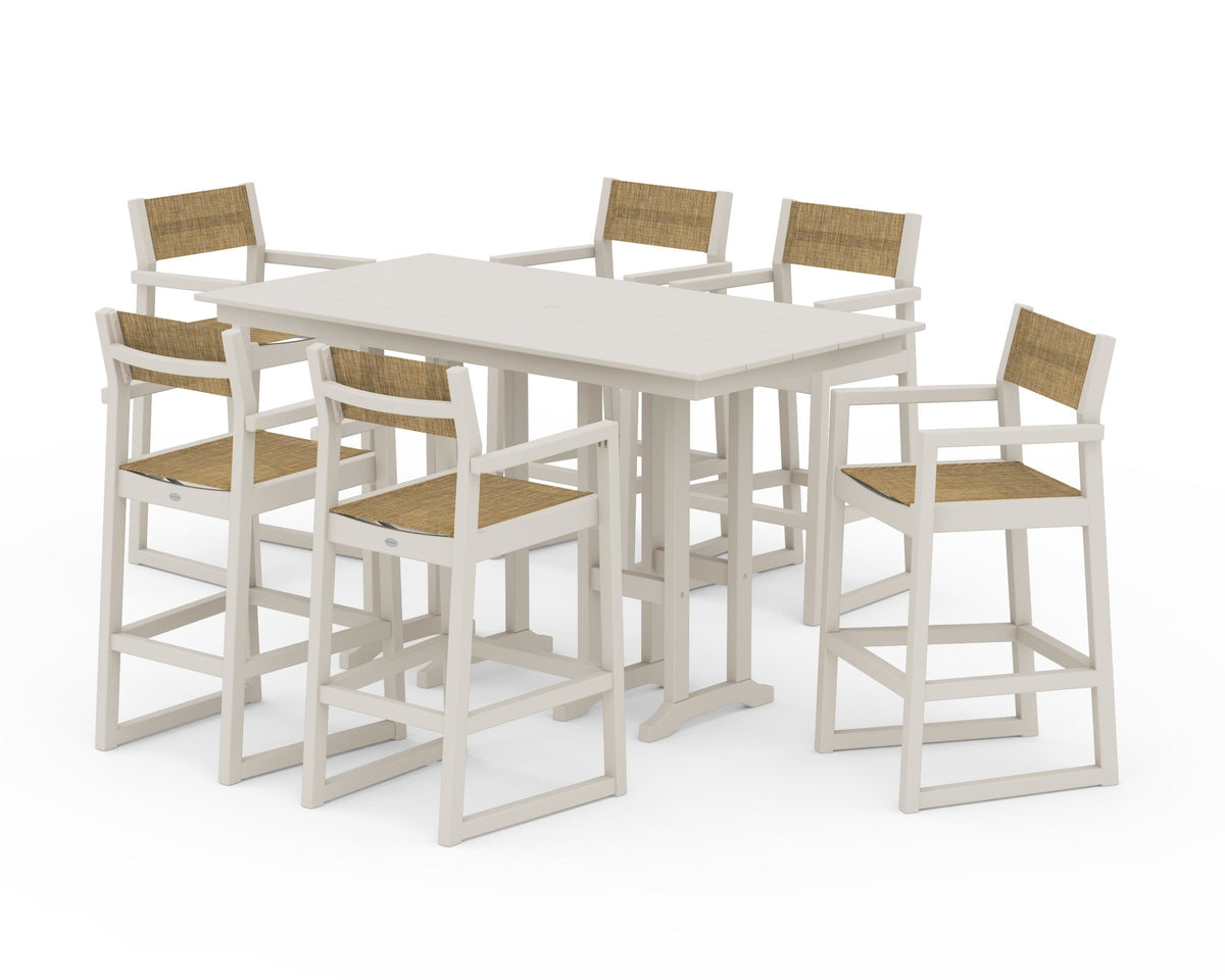 POLYWOOD EDGE Sling Arm Chair 7-Piece Farmhouse Bar Set in Sand / Burlap