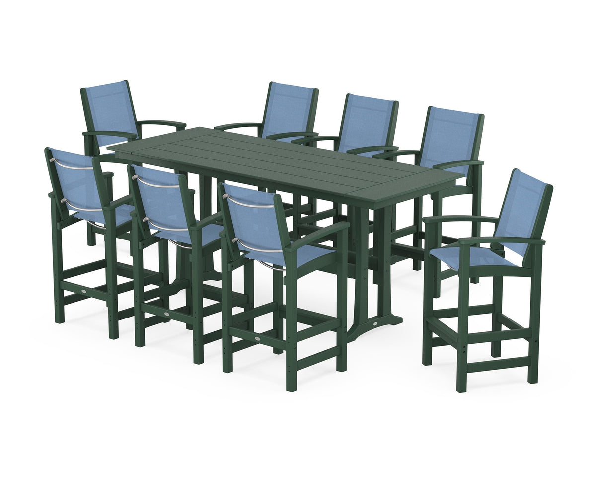POLYWOOD Coastal 9-Piece Farmhouse Bar Set with Trestle Legs in Green / Poolside