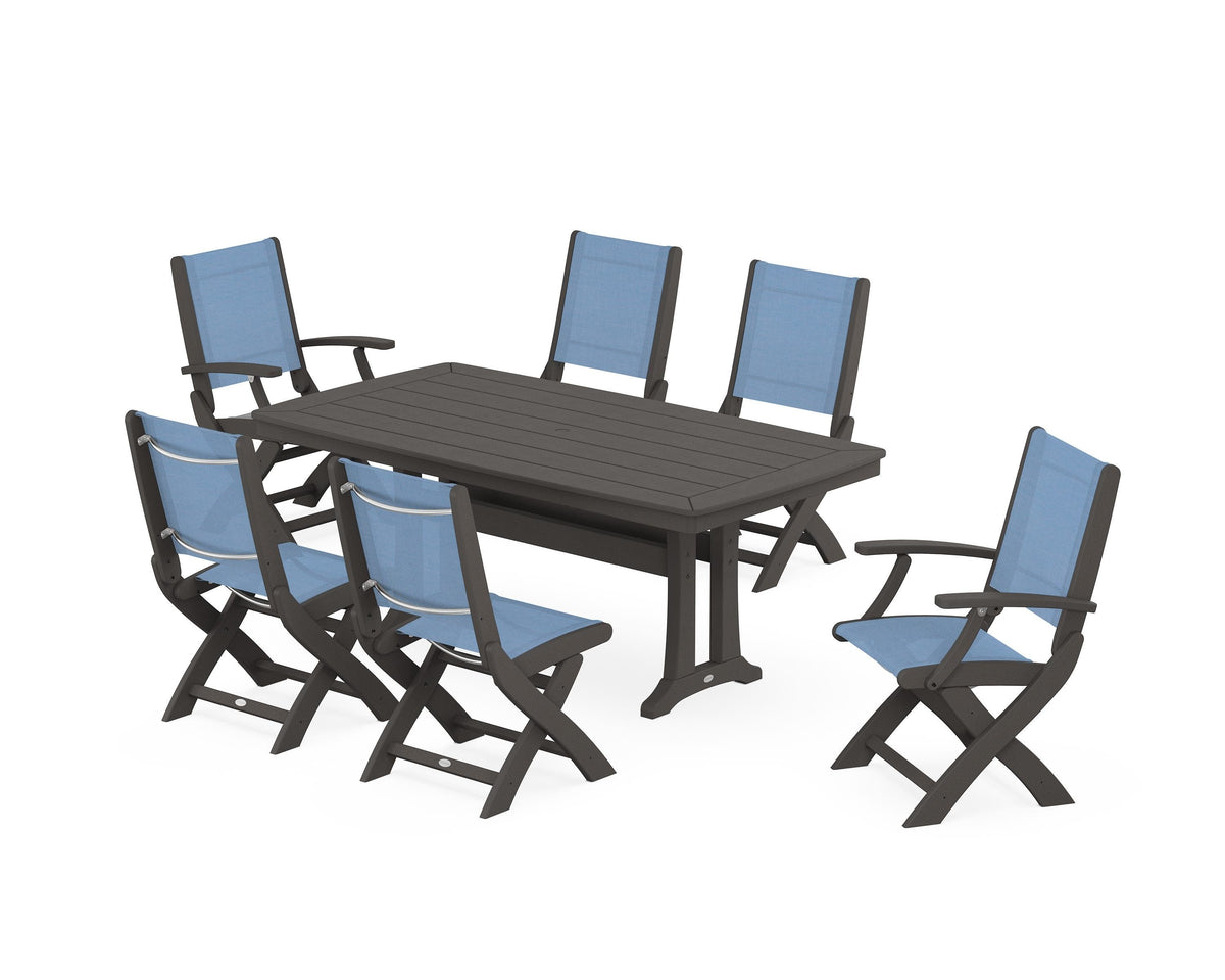 POLYWOOD Coastal Folding Chair 7-Piece Dining Set with Trestle Legs with Nautical Trestle 38" x 73" Dining Table in Vintage Coffee / Poolside