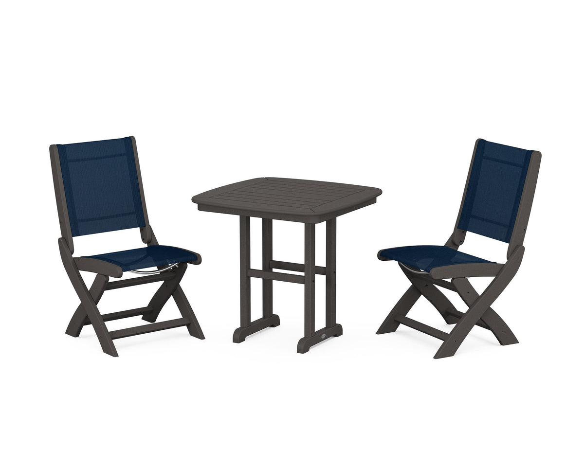 POLYWOOD Coastal Folding Side Chair 3-Piece Dining Set in Vintage Coffee / Navy Blue