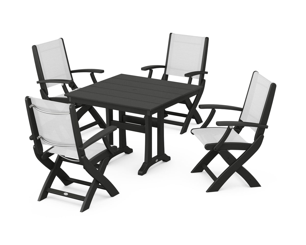 POLYWOOD Coastal Folding Chair 5-Piece Farmhouse Dining Set With Trestle Legs in Black / White