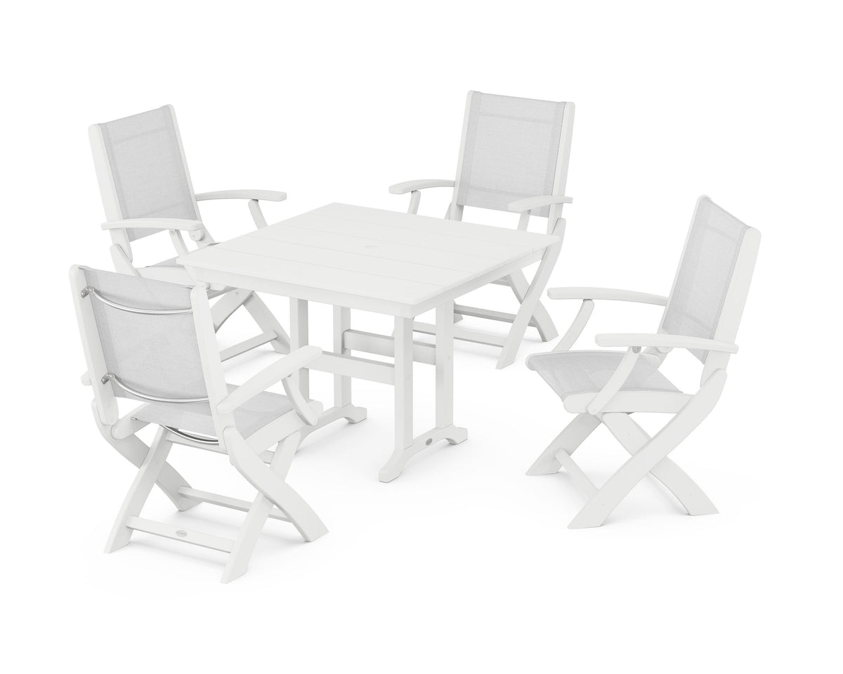 POLYWOOD Coastal Folding Chair 5-Piece Farmhouse Dining Set in White / White