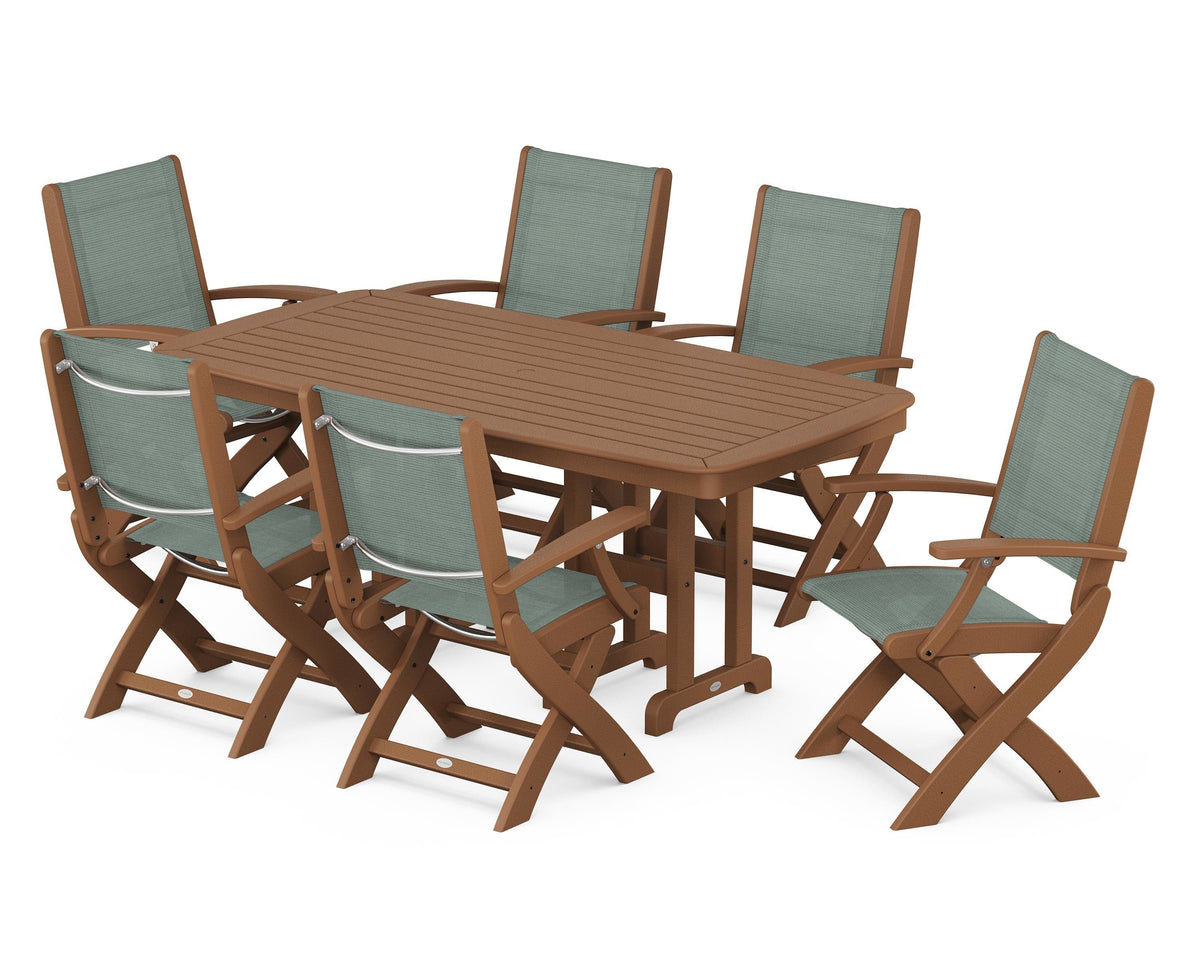 POLYWOOD Coastal Folding Arm Chair 7-Piece Dining Set in Teak / Dupioni Sea Mist