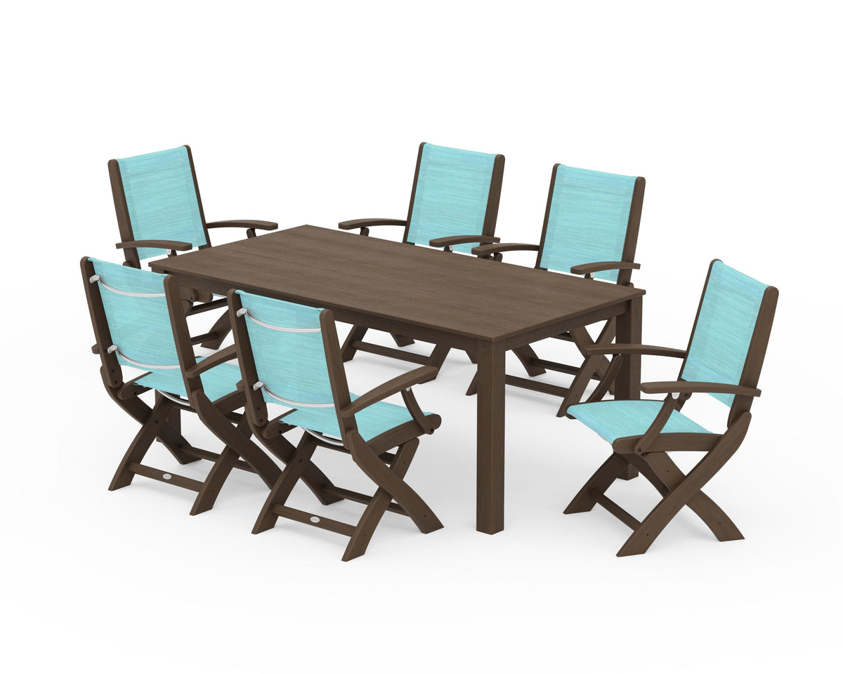 POLYWOOD Coastal Folding Chair 7-Piece Parsons Dining Set in Kona / Dupioni Aquamarine