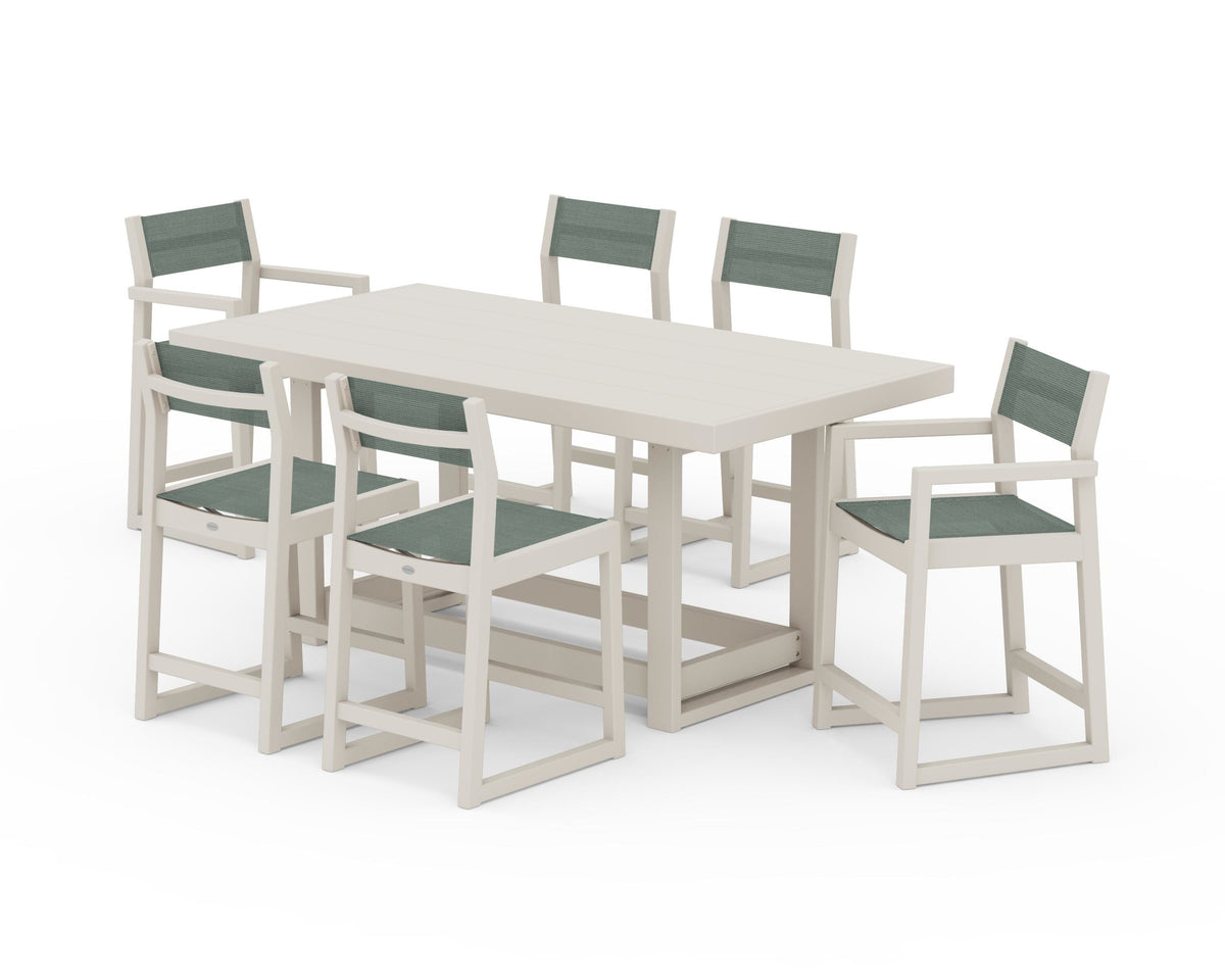 POLYWOOD EDGE Sling 7-Piece Counter Table Set in Sand / Dupioni Sea Mist