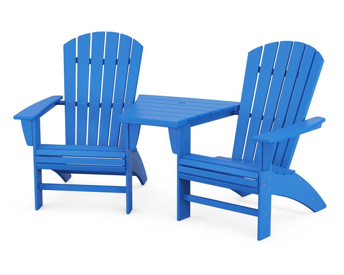 POLYWOOD Nautical 3-Piece Curveback Adirondack Set With Angled Connecting Table in Pacific Blue