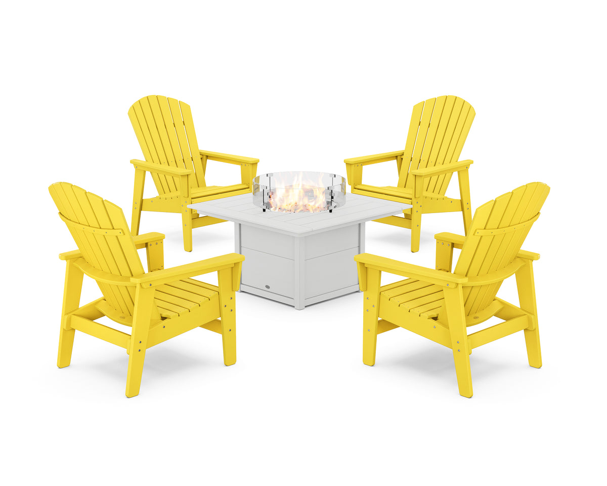 POLYWOOD 5-Piece Nautical Grand Upright Adirondack Conversation Set with Fire Pit Table in Lemon / White