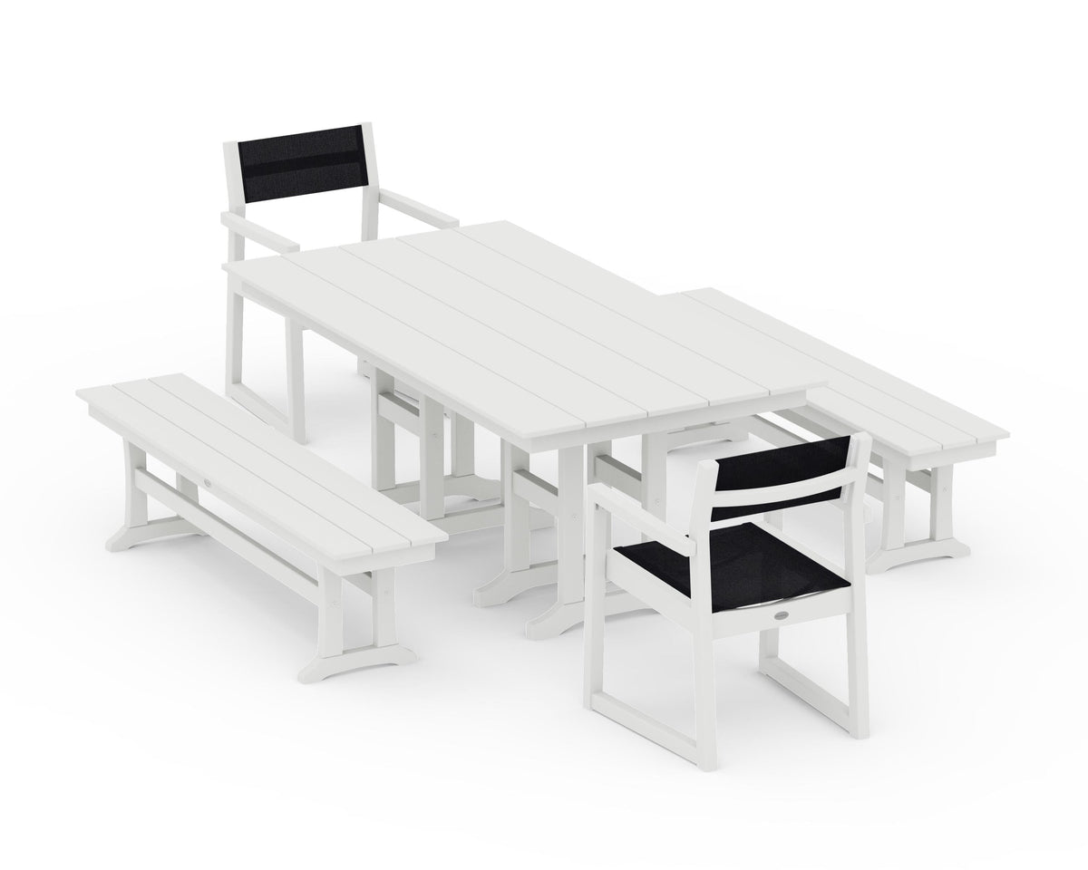 POLYWOOD EDGE Sling Arm Chair 5-Piece Farmhouse Dining Set with Benches in Vintage White / Black