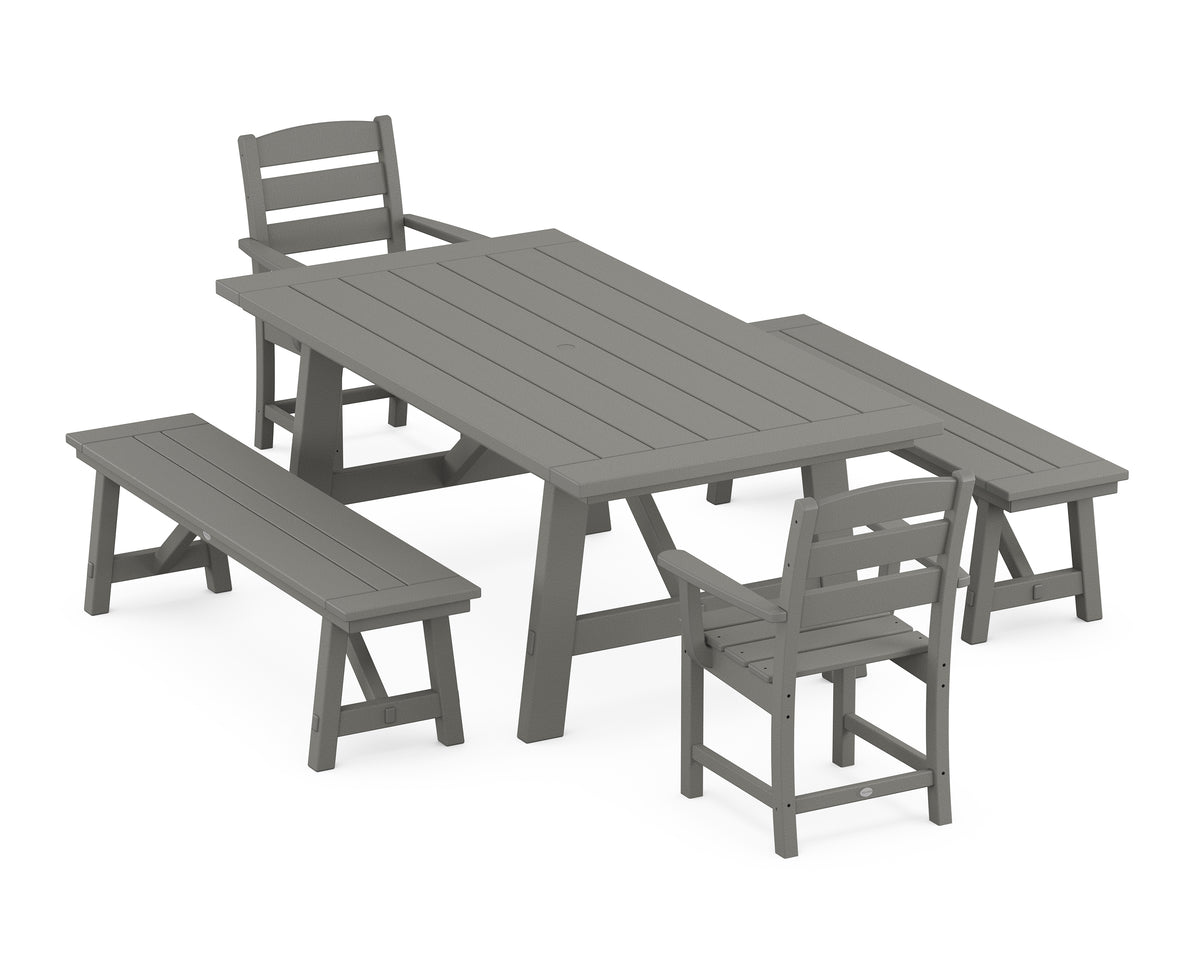 POLYWOOD Lakeside 5-Piece Rustic Farmhouse Dining Set with Benches in Slate Grey