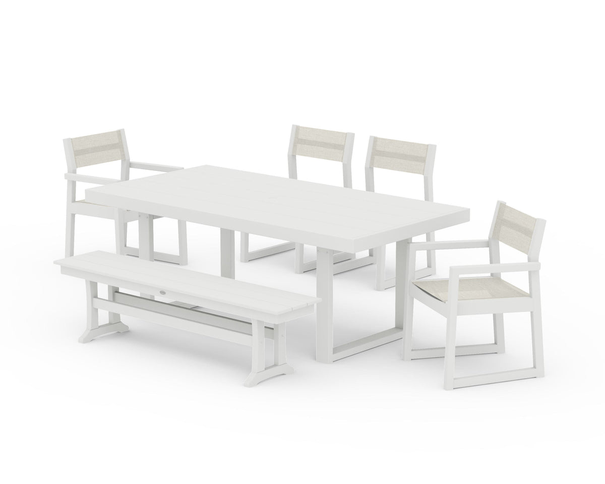 POLYWOOD EDGE Sling 6-Piece Dining Set with Bench in Vintage White / Parchment
