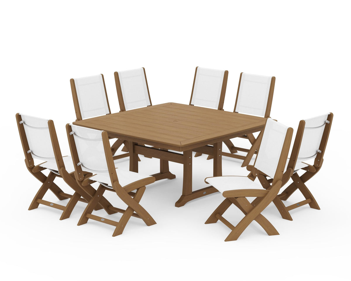 POLYWOOD Coastal Folding Side Chair 9-Piece Dining Set with Trestle Legs in Natural / White