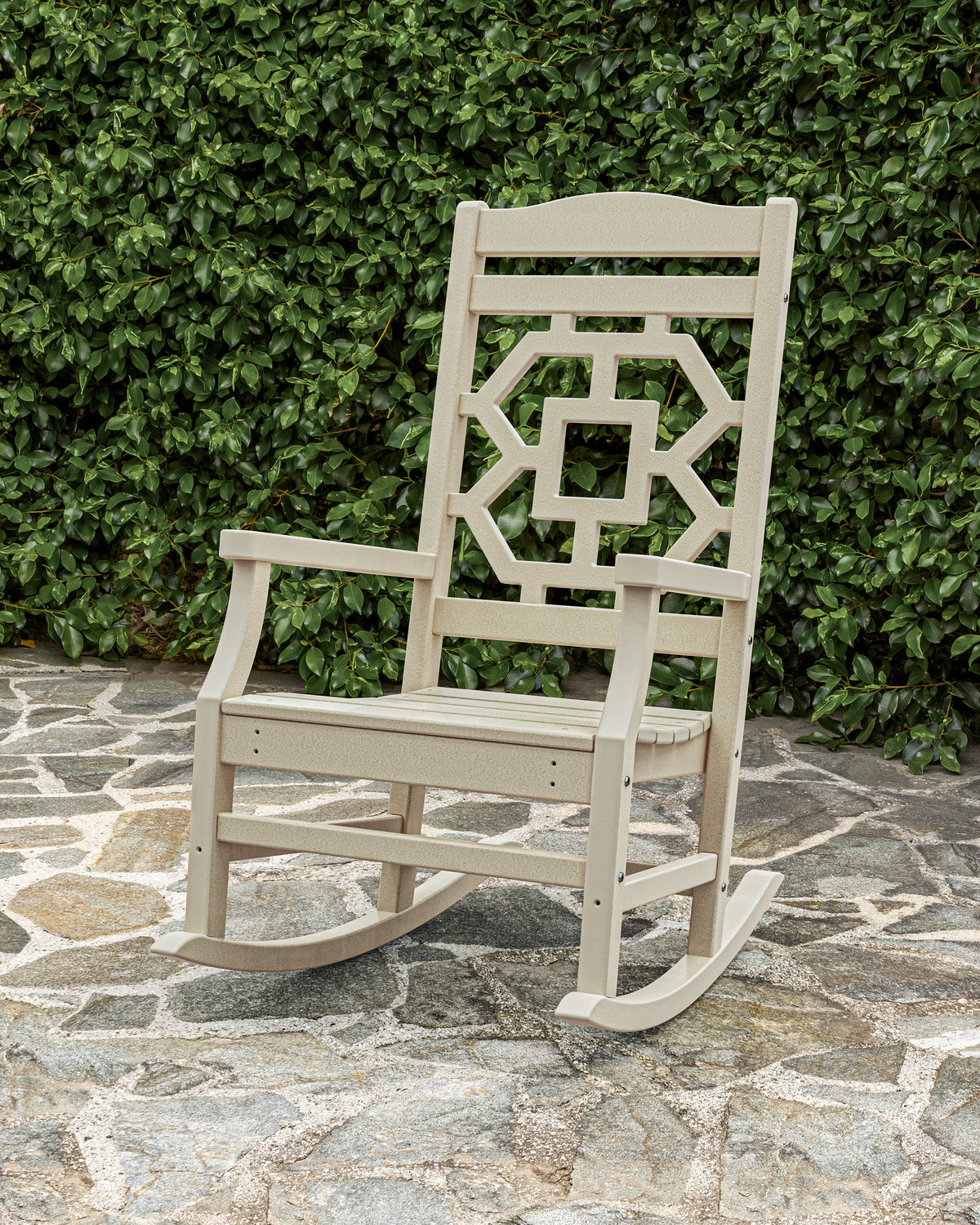 POLYWOOD Chinoiserie Rocking Chair in Sand styled outdoors (2)