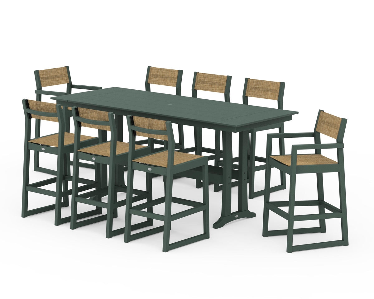 POLYWOOD EDGE Sling 9-Piece Farmhouse Bar Set with Trestle Legs in Green / Burlap