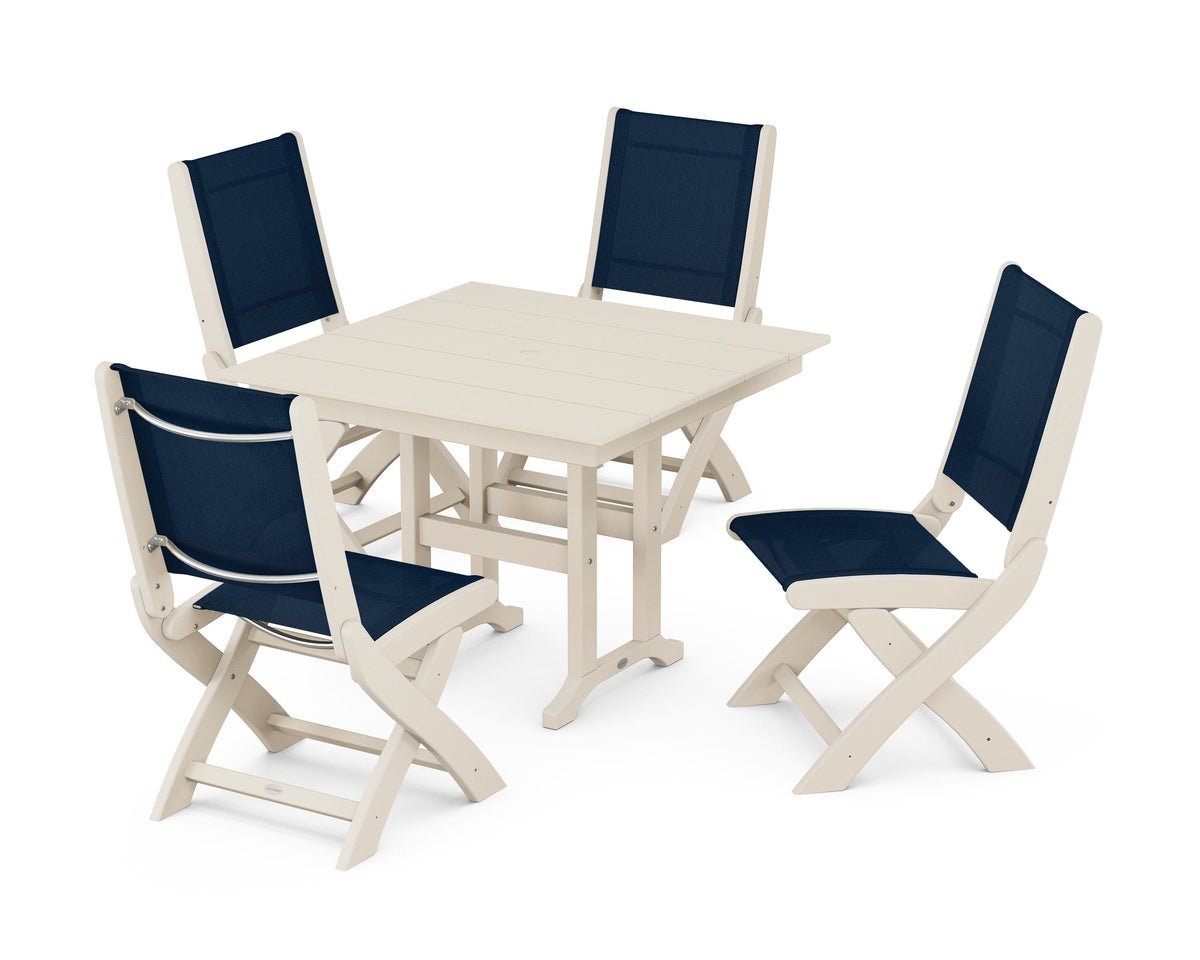 POLYWOOD Coastal Folding Side Chair 5-Piece Farmhouse Dining Set in Sand / Navy Blue