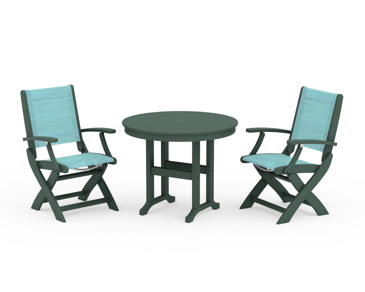 POLYWOOD Coastal Folding Chair 3-Piece Round Dining Set in Green / Dupioni Aquamarine