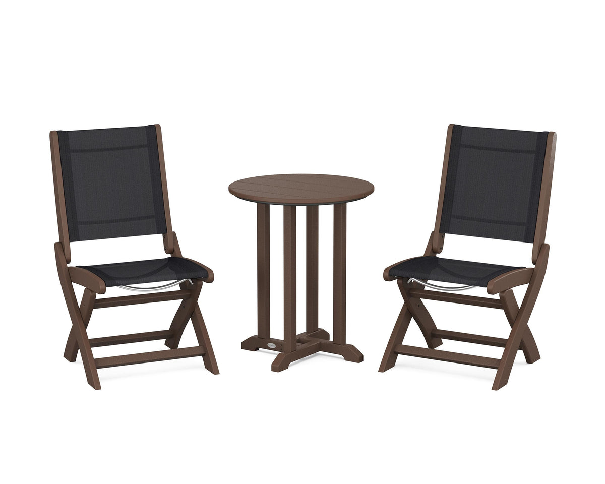 POLYWOOD Coastal Folding Side Chair 3-Piece Round Bistro Dining Set in Mahogany / Black