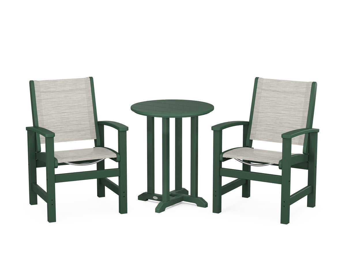 POLYWOOD Coastal 3-Piece Round Bistro Dining Set in Green / Birch