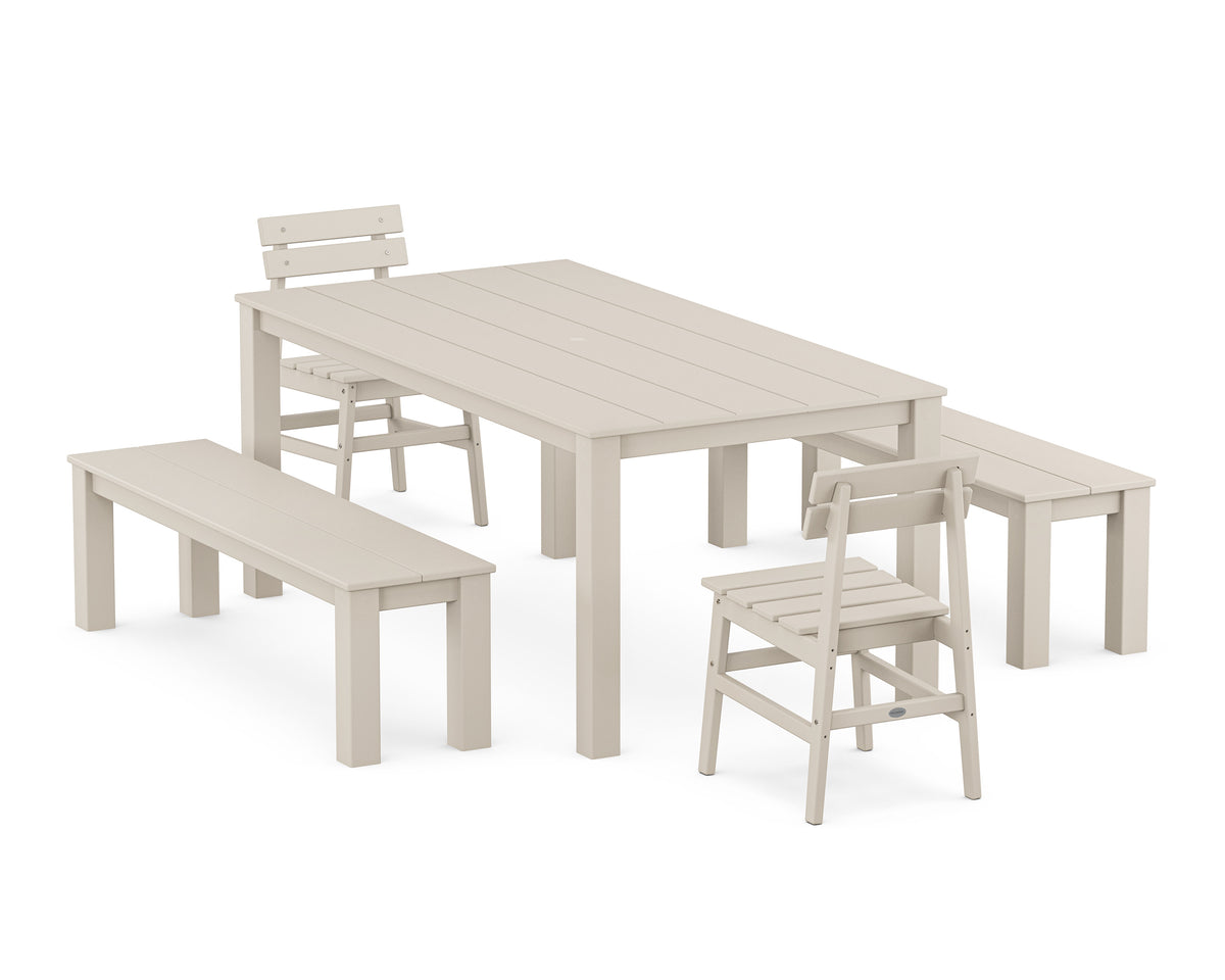 POLYWOOD Modern Studio Plaza Chair 5-Piece Parsons Dining Set with Benches - 38" x 72" Table in Sand